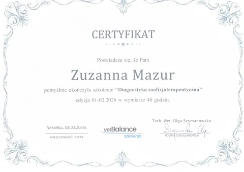 Certyfikat: Diagnostyka zoofizjoterapeutyczna