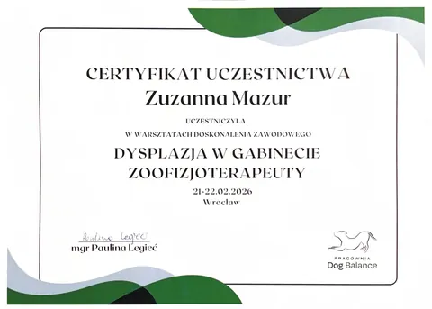 Certyfikat: Dysplazja w gabinecie zoofizjoterapeuty