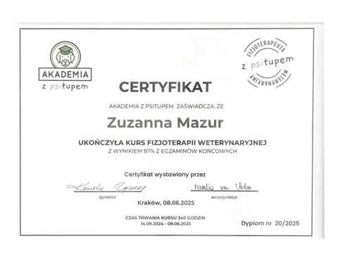 Certyfikat: Fizjoterapia Weterynaryjna Małych Zwierząt